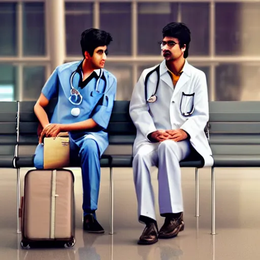 Image similar to Anxious good looking young Indian doctors in American clothes waiting at an airport, by Feng Zhu, highly detailed, excellent composition, cinematic concept art, dramatic lighting, trending on ArtStation