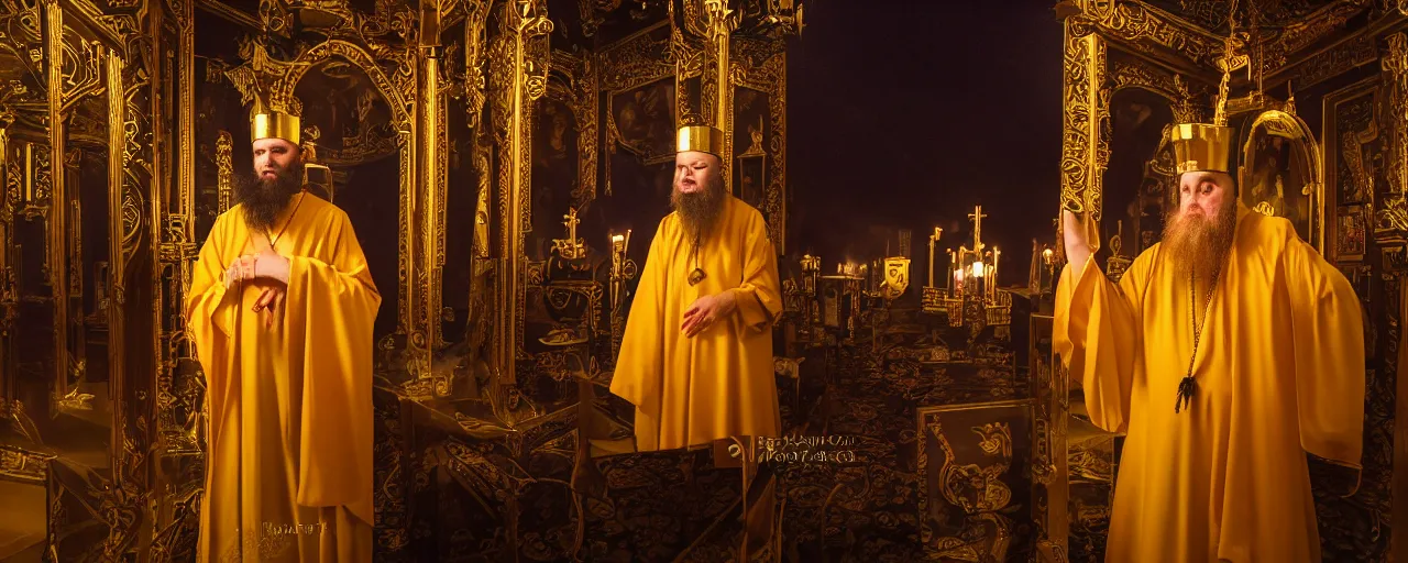 Image similar to orthodox priest in golden clothes with cute caracal head, wearing vr, in orthodox church, orthodox icons, volumetric lighting, night, atmospheric, ambients, dramatic, noir, blur, bokeh, cinematic, shallow depth of field, 8 0 mm, f 1. 8