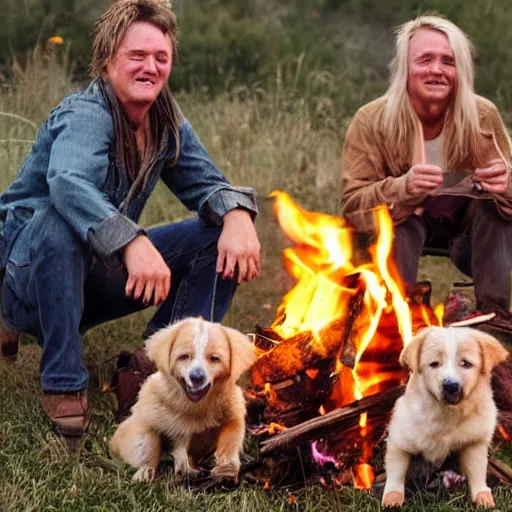 Image similar to photo of hillbilly with long blonde hair and an australian shepherd dog around a bonfire, symmetric face