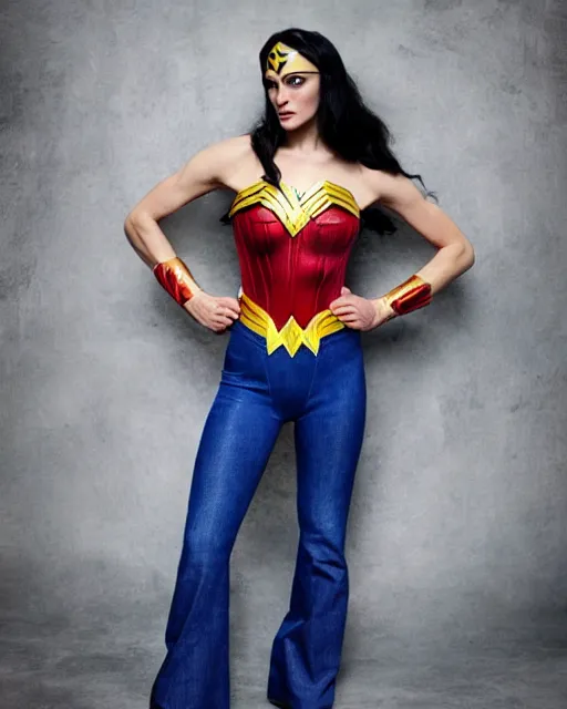 Prompt: a Chimpanzee, dressed as Wonder Woman, is wearing tight fit Blue Jean pants, photographed in the style of Annie Leibovitz, photorealistic