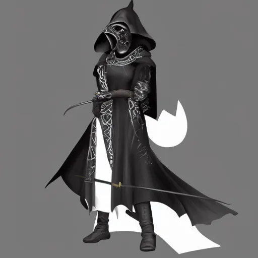 Image similar to female plague doctor donning a black hood, steel knightly armor and a white armored crow mask, trending on artstation