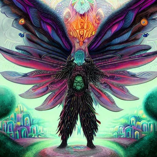 Image similar to A centered chest up portrait of a psychedelic godlike mothman with giant mandala wings smoking a hand-rolled cigarette smoking heavily , magic mushroom village in background , award winning. superb resolution. in the art style of junji Ito and greg rutkowski . Detailed Mushroom city in background. Hyper realistic anime. Perfect art. Dalle2