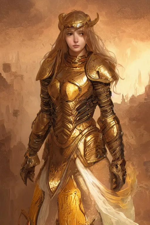 Image similar to portrait knights of Zodiac girl, golden and copper reflected armor, in ruined Agora of Athens, ssci-fi, fantasy, intricate, very very beautiful, elegant, highly detailed, digital painting, artstation, concept art, smooth, sharp focus, illustration, art by WLOP and tian zi and alphonse mucha