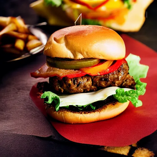 Image similar to 85mm food photograph of the perfect cheeseburger shot on 35mm film, studio lighting, 8k