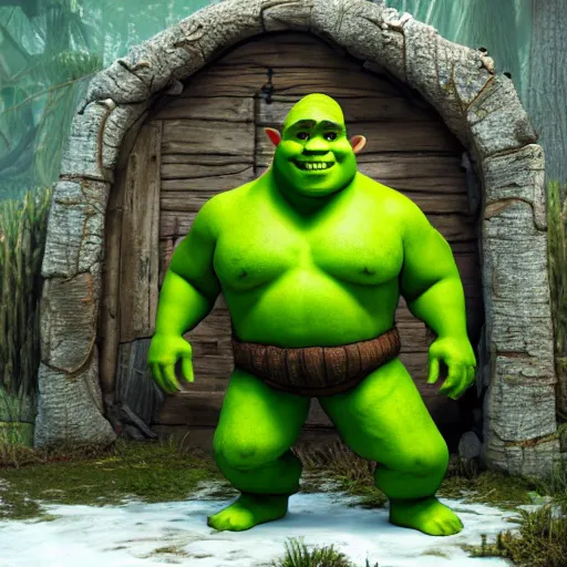 Image similar to Joe Rogan as shrek in front of hut in the swamp, cinematic lighting, masterpiece, trending on artstation, 4k