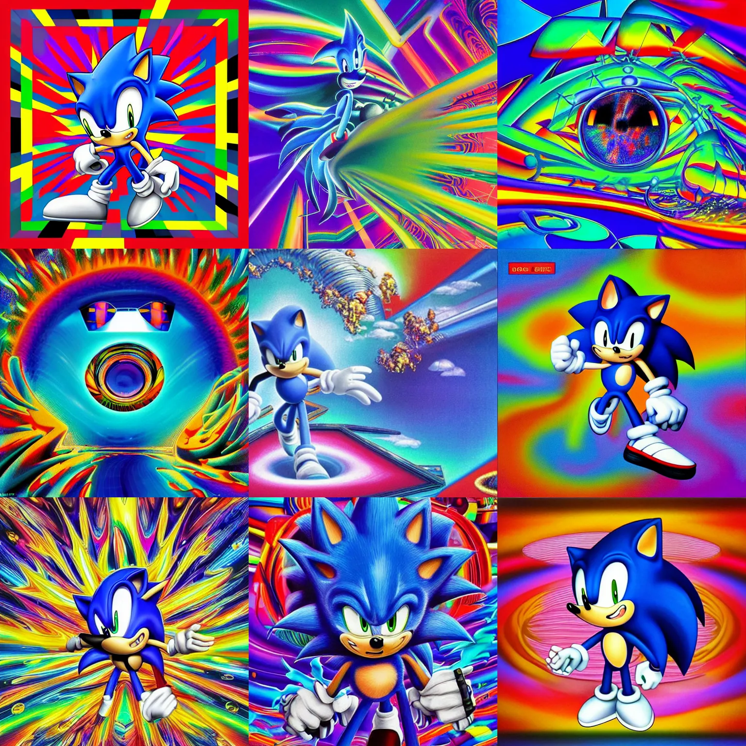 Prompt: surreal, sharp, detailed professional, high quality airbrush art mgmt album cover of a sonic liquid dissolving airbrush art lsd dmt sonic the hedgehog channel surfing through cyberspace, iridescent checkerboard background, 1 9 9 0 s 1 9 9 2 sega genesis video game album cover