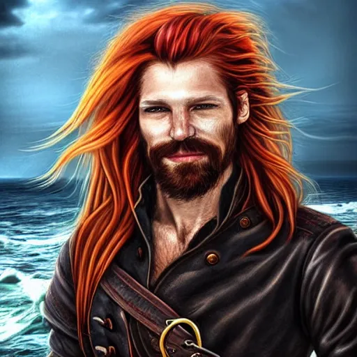 Image similar to portrait of a rugged!!!! male captain with long red hair!!!!!!, upper body, flowing hair, ethereal, handsome, smirk, leather coat, pirate!!!!!!!, ocean, D&D, fantasy, simple clothing!!!!, elegant, highly detailed, digital painting, cinematic lighting, stunning lighting, sensual, deviantart, artstation, concept art, sharp focus, illustration, art by Artgerm and Greg Rutkowski and Alphonse Mucha