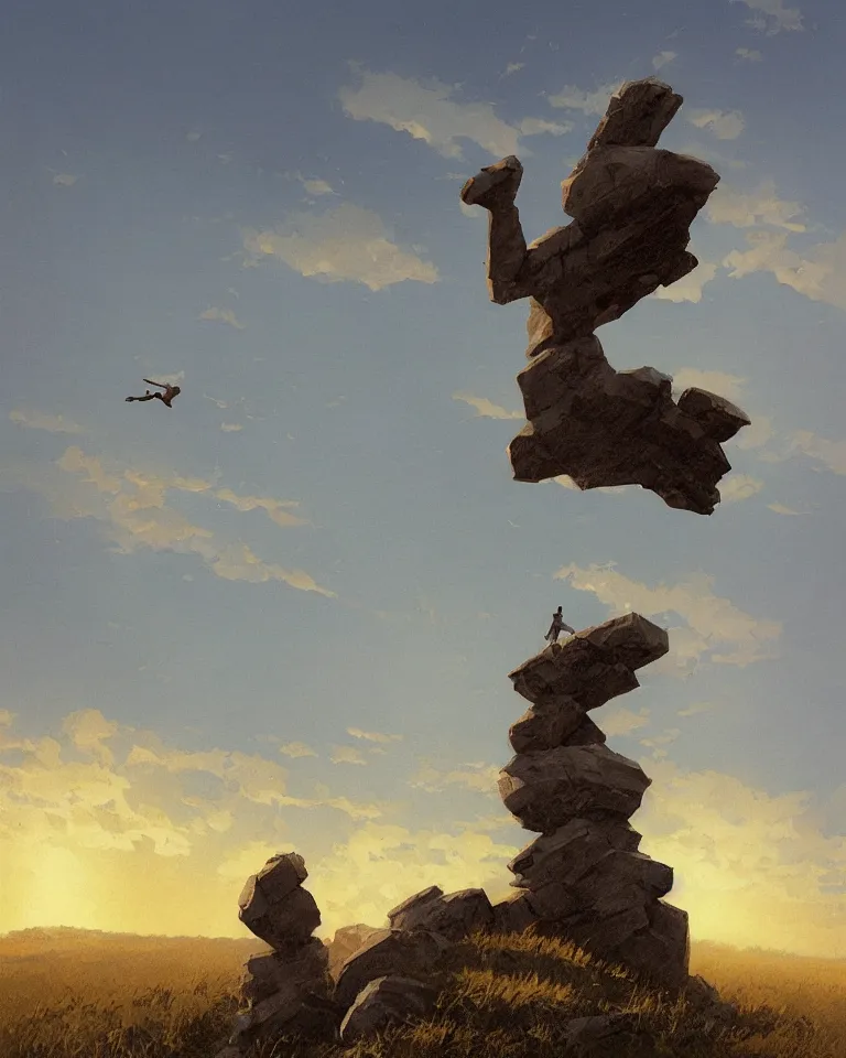 Prompt: wide shot of a tall and thin rocky statue hovering vertically in the air ten feet above a cornfield, late afternoon, golden hour, dramatic lighting, cinematic, highly detailed, smooth, sharp focus, concept art by greg rutkowski and john berkey and syd mead