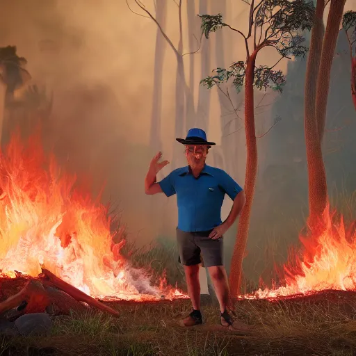 Prompt: Prime Minister Scott Morrison in front of a forest fire, wearing shorts and a Hawaiian hat, hose in the ground, smoke, , cinematic, hyper realism, high detail, vivid colors, octane render, unreal engine, 8k