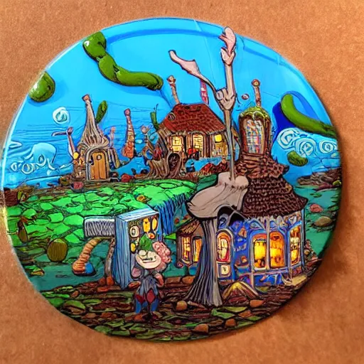 Image similar to acrylic painting, art in the style of Terry Moore, Moebius and Mohrbacher, a tiny village created out of candy with a river of chocolate, intricately detailed