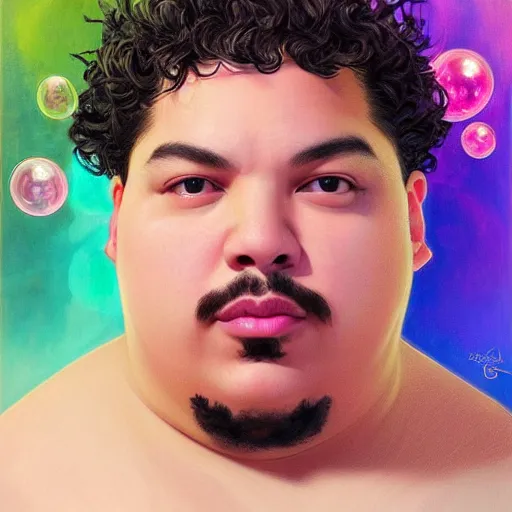 Image similar to dream portrait of GreekGodX dreamy and ethereal, expressive pose, big pink eyes, exciting expression, fantasy, intricate, elegant, many rainbow bubbles, rose tones, highly detailed, digital painting, artstation, concept art,cyberpunk wearing, smooth, sharp focus, illustration, art by artgerm and greg rutkowskiand alphonse mucha,Salvador Dali.