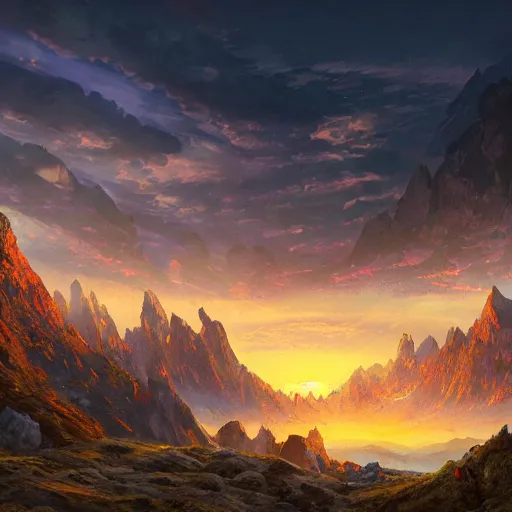 Prompt: carphathian mountains, sunset, blue yellow red purple flowers, castle in distance, illustration, intricate, hyper - detailed, concept art, smooth, sharp focus, ray tracing, vibrant, photorealistic, by jessica rossier