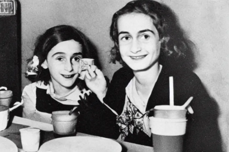 Prompt: anne frank and tupac shakur drinking coffee