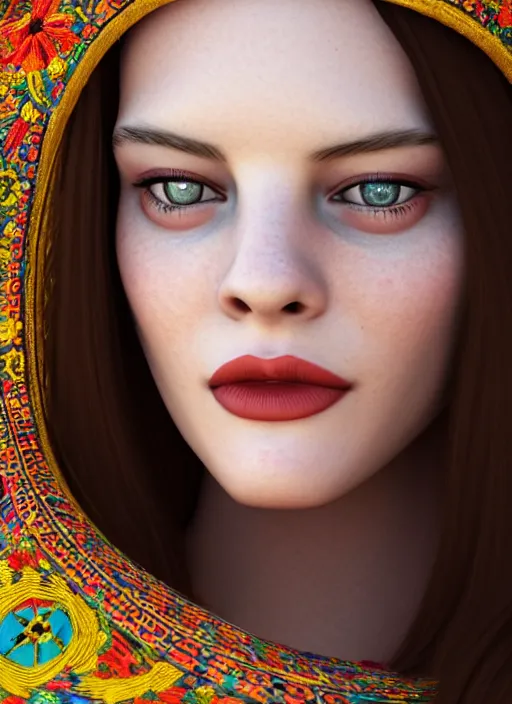 Image similar to young liv tyler, ukrainian national clothes, embroidered shirt, portrait of young woman, 8 k ultra realistic, lens flare, atmosphere, glow, detailed, intricate, full of colour, led lighting, 4 k, hyperrealistic, focused, extreme details, unreal engine 5, masterpiece