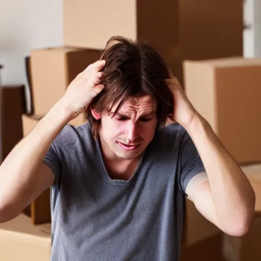 Image similar to moving day disaster. photo of man with long light brown hair throwing up all over himself