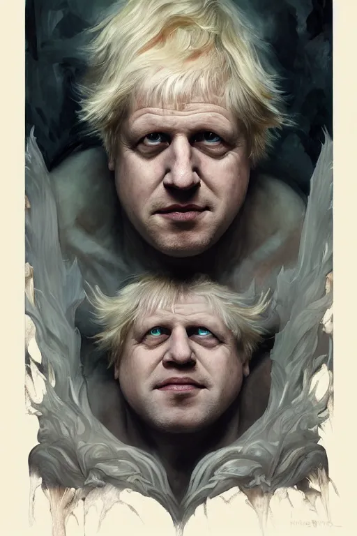 Image similar to portrait of boris johnson as a very pale hulking herculean demon, forest, godlike, full body, fantasy, intricate, elegant, highly detailed, digital painting, artstation, concept art, sharp focus, illustration, art by artgerm and greg rutkowski and alphonse mucha