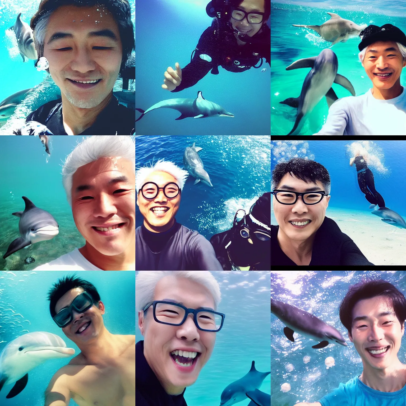 Prompt: a selfie taken by a beautiful white-haired smiling Korean actor diving with dolphins and jellyfish , highly detailed, lifelike, photo-realistic, smooth, sharp focus, Instagram filter