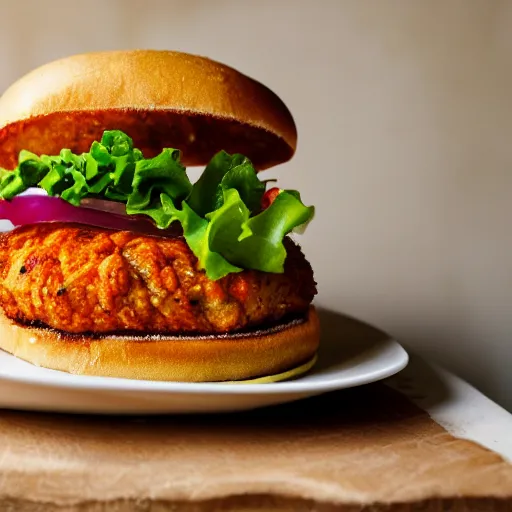 Prompt: a spicy crispy chicken burger, food photography, detailed, yum