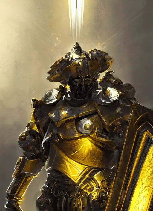 Image similar to dynamic attack position abstract portrait of a intricate glorious holy mechanical warforged character in yellow armor holding a paladin engraved great longsword drawn and carrying a big paladin shield, beam projector when eye is, face in focus, epic , trending on ArtStation, masterpiece, cinematic lighting, by Ross Tran and by Greg Rutkowski