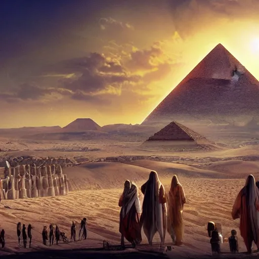 Image similar to Matte painting of Exodus from Egypt. Large crowds of people in Biblical outfits walking in the desert. Pyramids behind. Large pillar of cloud leading the way, detailed digital art trending in artstation