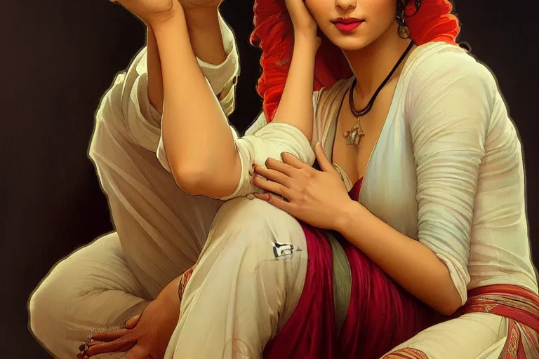 Image similar to sensual pale beautiful indian doctor in jeans, art deco portrait, elegant, intricate, digital painting, artstation, concept art, smooth, sharp focus, illustration, art by artgerm and greg rutkowski and alphonse mucha