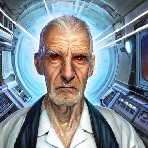 Image similar to marvel comic book style portrait painting of an old short thin man with a thin mean face, wearing a futuristic lab coat, standing in front of a computer simulation, sci - fi, intricate, elegant, highly detailed, digital painting, artstation, concept art, matte, sharp focus, illustration, art by artgerm and greg rutkowski and jim burns and alan lee