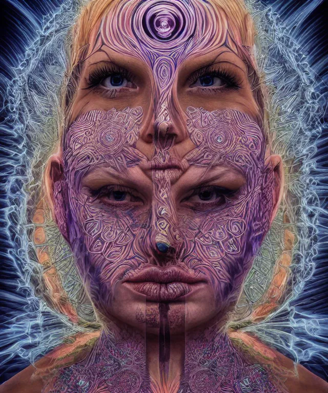 Image similar to An epic photo illustration of female symmetrical portrait by Michael Sydney Moore, Alex Grey, hyper detailed, 50mm, award winning photography