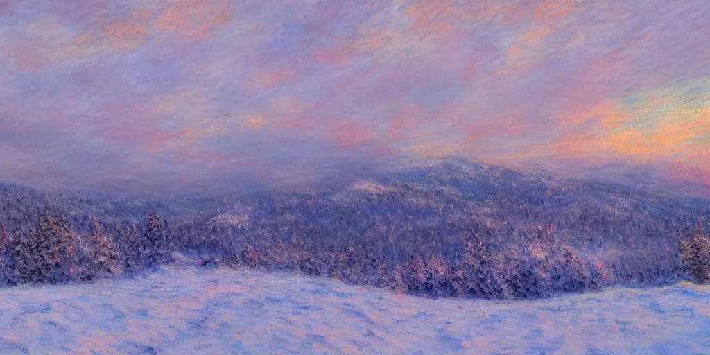 Prompt: Scenic beautiful snowy landscape of snowy hills, pastel vivid sky, hyper realistic, detailed, by Ivan Choultsé and Monet, trending on Artstation, ethereal, noctilucent