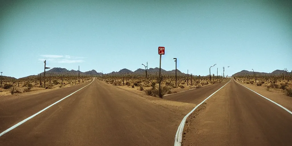 Image similar to “Desert highway in the style of Marcelino Truong, signs, capitalism, low horizon, industry, cactus, mountain”