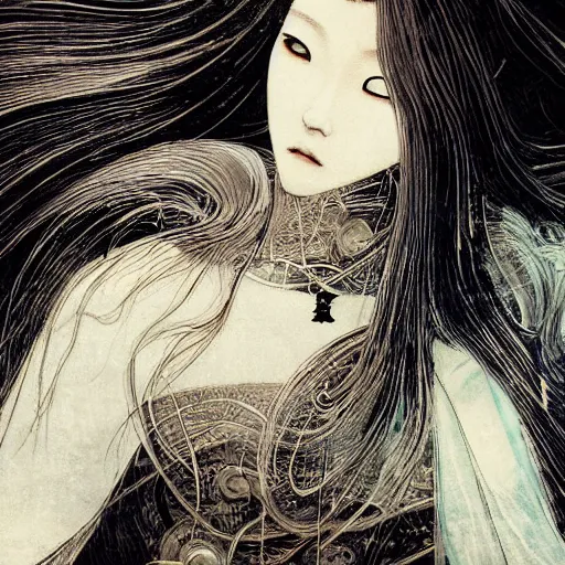 Image similar to yoshitaka amano blurred and dreamy realistic illustration of a japanese woman with black eyes, wavy white hair fluttering in the wind wearing elden ring armor with engraving, abstract patterns in the background, satoshi kon anime, noisy film grain effect, highly detailed, renaissance oil painting, weird portrait angle, blurred lost edges, three quarter view