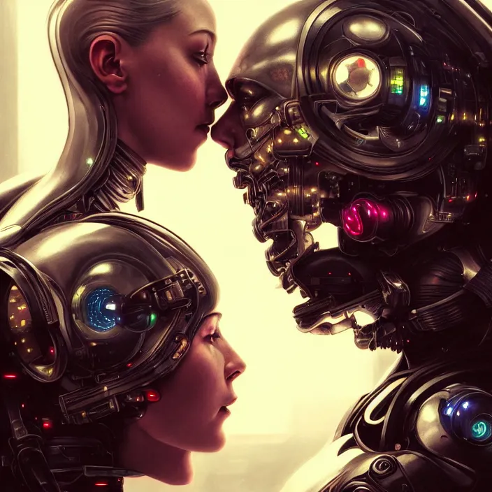 Image similar to ultra realistic medium shot of a couple of cyborgs kissing, lovers, cyberpunk, sci - fi, fantasy, kodak, colour led, soft light, volumetric lighting, night, intricate, highly detailed, digital painting, concept art, smooth, sharp focus, illustration, art by artgerm and greg rutkowski and alphonse mucha