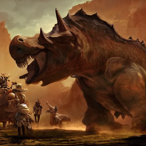 Image similar to the expedition with explores, warriors and adventurers, being brought by gigantic triceratops, the desert of duhnes medium shot, studio ghibli animation, anime key art by craig mullins, bloom, dramatic lighting