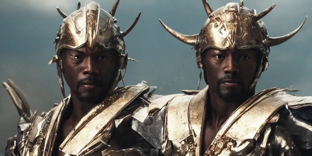 Image similar to a film still of a black man starring in a japanese blockbuster film as yoshimitsu, shallow depth of field, cinematic, award winning cgi, vfx, film still