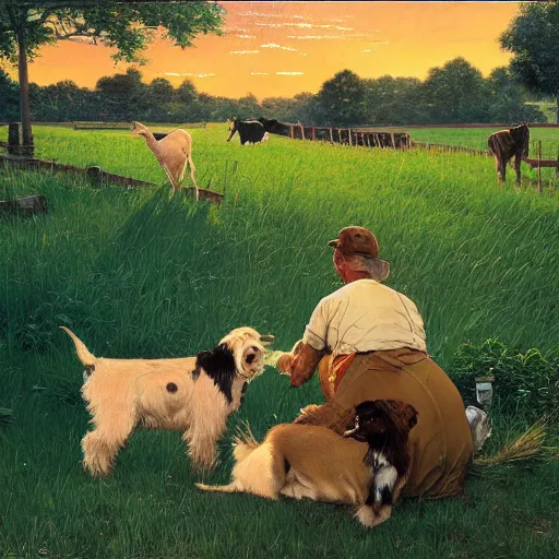 Prompt: feeding the farm dogs at sunrise, 4 k, by bob ross and norman rockwell