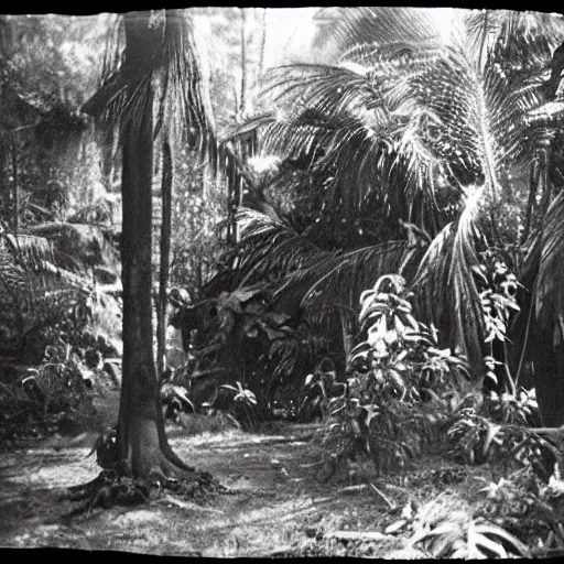 Prompt: lost film footage of a sacred in the middle of the ( ( ( ( ( ( ( ( ( tropical jungle ) ) ) ) ) ) ) ) ) / film still / cinematic / enhanced / 1 9 0 0 s / black and white / grain