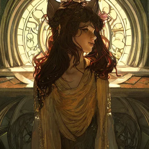 Image similar to Mythology of a holy cat, D&D, fantasy, intricate, cinematic lighting, highly detailed, digital painting, artstation, concept art, smooth, sharp focus, illustration, art by Akihiko Yoshida, Greg Rutkowski and Alphonse Mucha