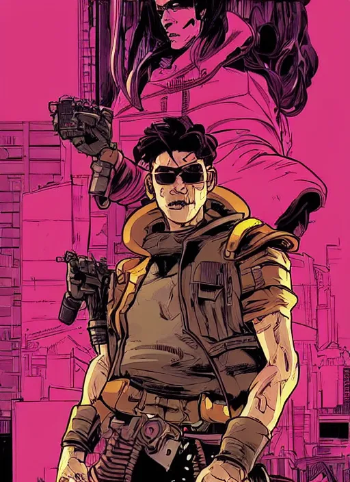 Image similar to hector. cyberpunk mercenary with scenic background. portrait illustration, pop art, art by ashley wood, alphonse mucha, laurie greasley and josan gonzales. cinematic. beautiful lighting.