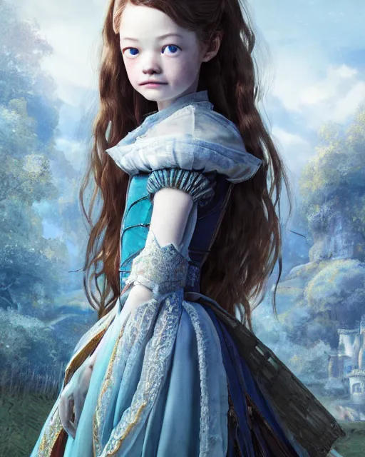 Image similar to character portrait of mackenzie foy with gorgeous detailed eyes in a castle, color page, tankoban, 4 k, tone mapping, doll, akihiko yoshida, james jean andrei riabovitchev marc simonetti, yoshitaka amano, pale, maiden, nobility