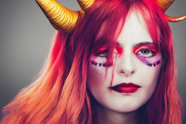 Image similar to pretty demon girl with horns photograph in the style of clemens ascher, colorful, realistic, 8 k