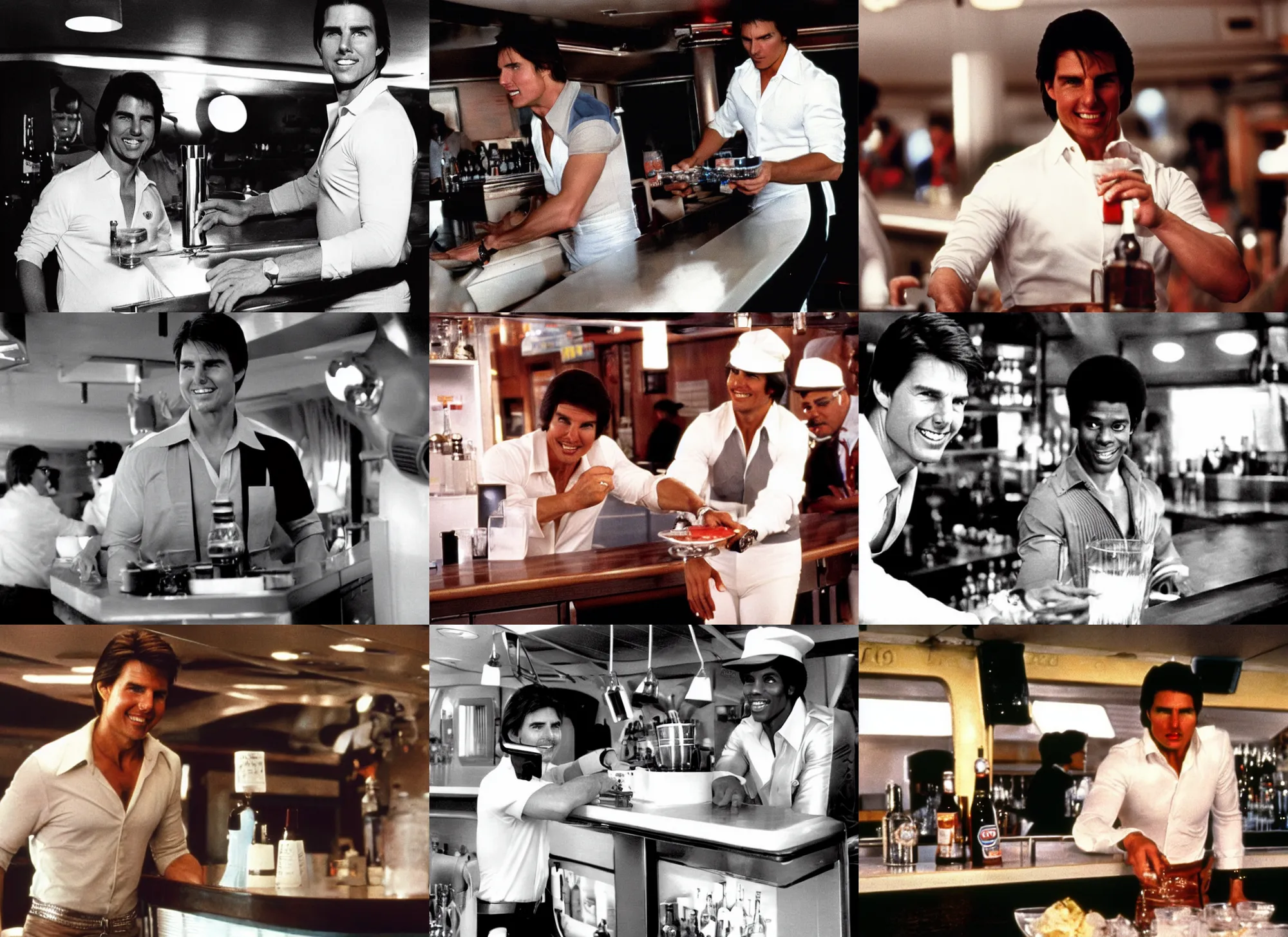 Prompt: tom cruise as bartender isaac washington working on the love boat, 1 9 8 0