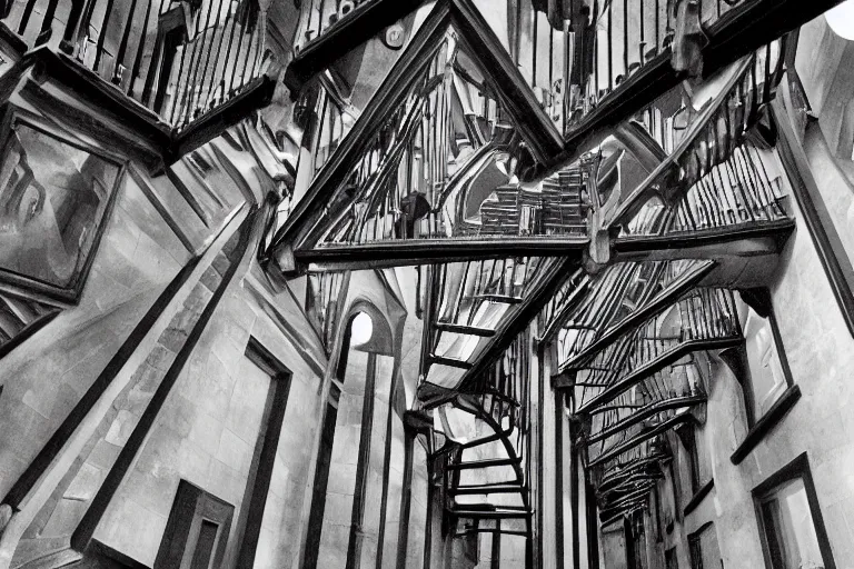 Prompt: Hogwarts stairwell, looking up,by MC Escher ,black and white