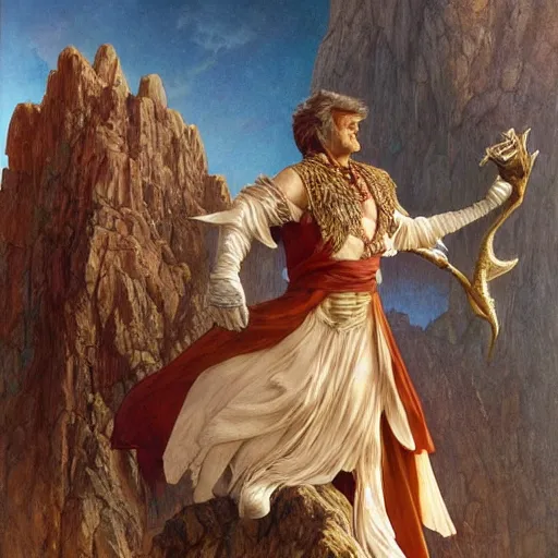 Image similar to an ultradetailed portrait of robin williams dressed as an djinn druid, standing heroically on top of a cliff, d & d, fantasy, intricate, elegant, highly detailed, digital painting, matte, sharp focus, illustration, god rays, art by john collier and albert aublet and krenz cushart and artem demura and alphonse mucha