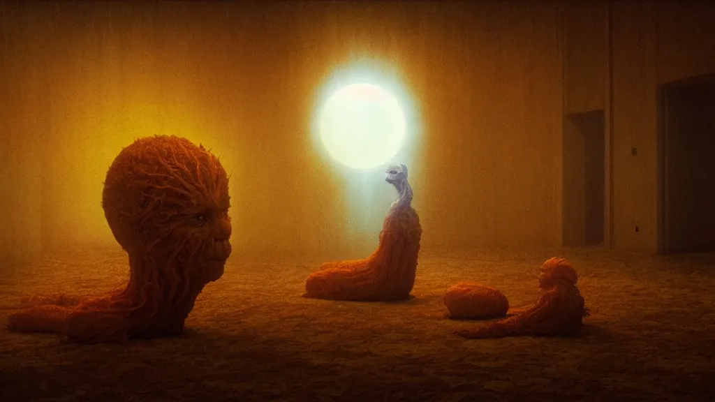 Image similar to the bright sun creature in the restaurant, film still from the movie directed by denis villeneuve and david cronenberg with art direction by zdzisław beksinski and dr. seuss