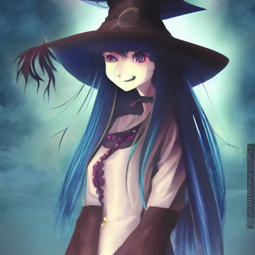 Image similar to a beautiful anime illustration of a witch with large wizard hat, featured on artstation, deviantart, conceptartworld, cgartist, vivid colors, airy theme