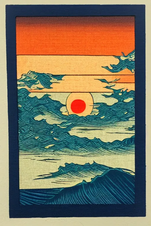 Prompt: sunset over the ocean Japanese woodblock style