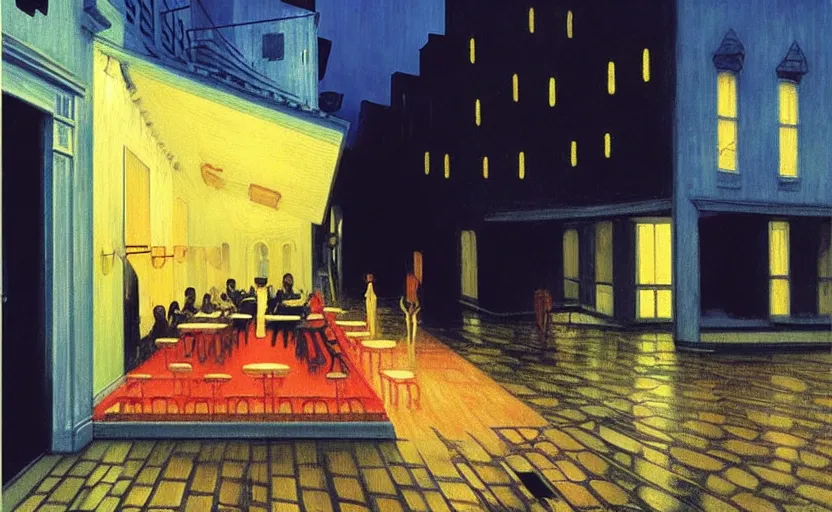 Image similar to exterior of cyberpunk restaurant during a melancholy rainy night by hopper, edward