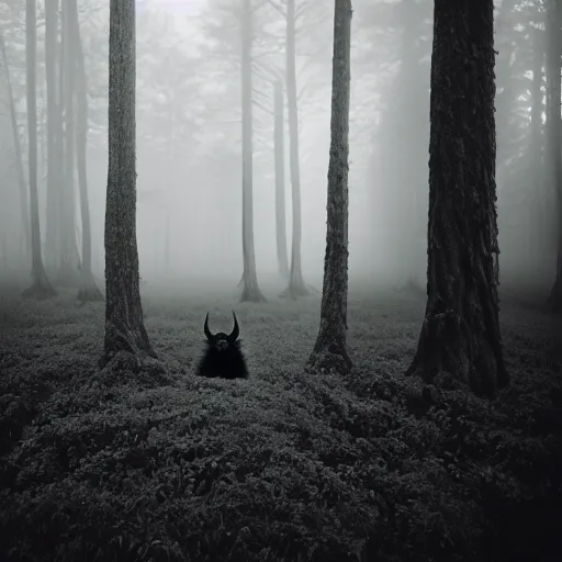 Prompt: giant black fluffy demon in the centre of misty forest, monochrome lomography