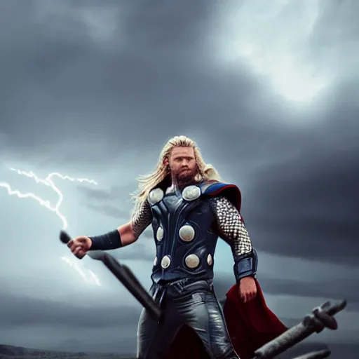 Image similar to thor going supersayain in a thunderstorm, au naturel, hyper detailed, digital art, trending in artstation, cinematic lighting, studio quality, smooth render, unreal engine 5 rendered, octane rendered, art style by klimt and nixeu and ian sprigger and wlop and krenz cushart