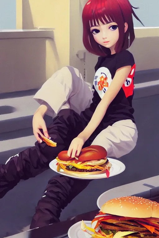 Prompt: A ultradetailed beautiful panting of a stylish girl wearing streetwear eating a burger, Oil painting, by Ilya Kuvshinov, Greg Rutkowski and Makoto Shinkai