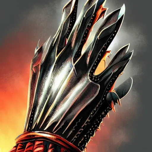 Image similar to metal claws on gloves, weaponized gauntlett, old gloves with attached talons, pointy fingertips, dark background, highly detailed, 8 k, trending on artstation, mystic, rpg artwork, by peter jackson, by sauron